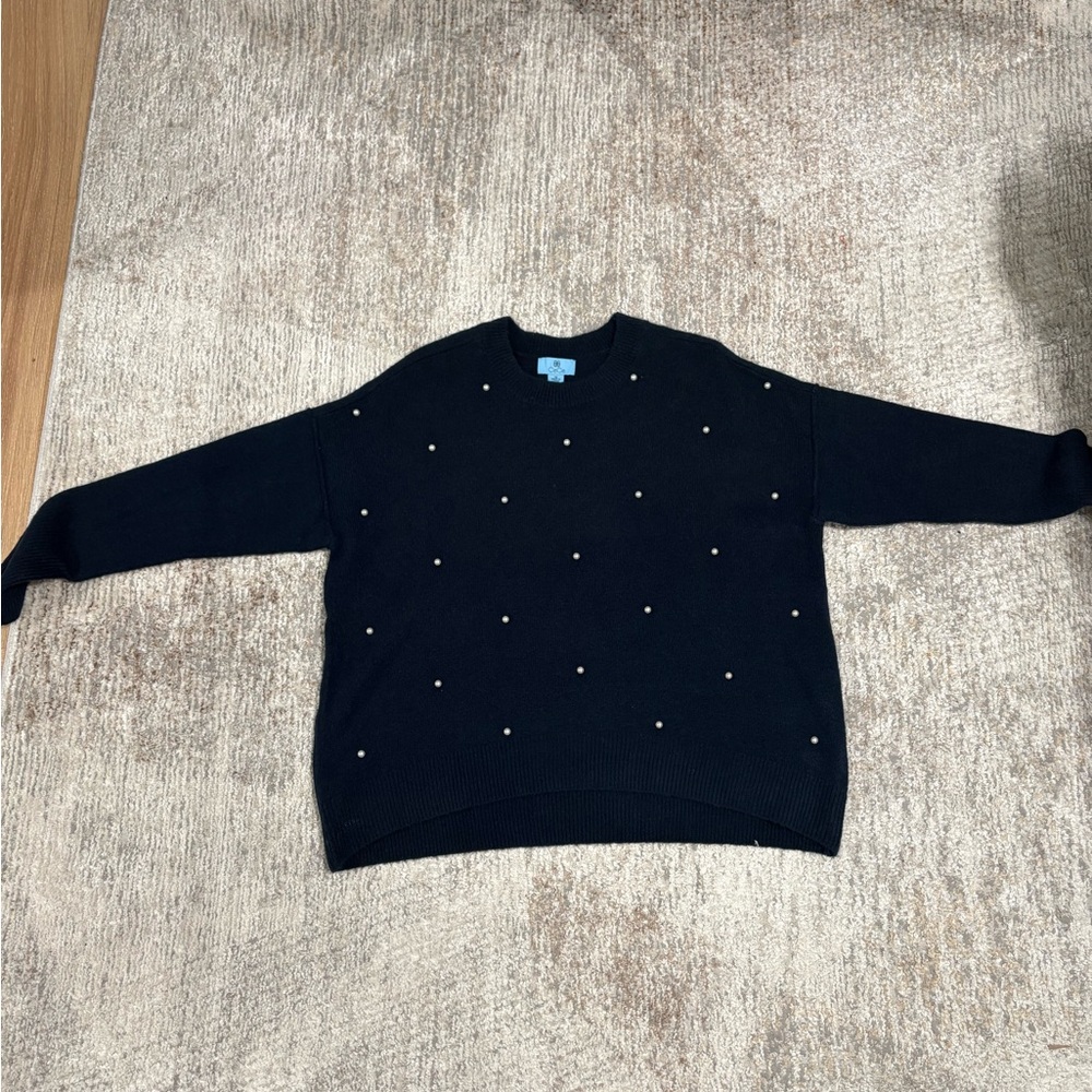 CeCe Navy blue Crew Neck Sweater with Pearl Accents - Picture 2 of 4